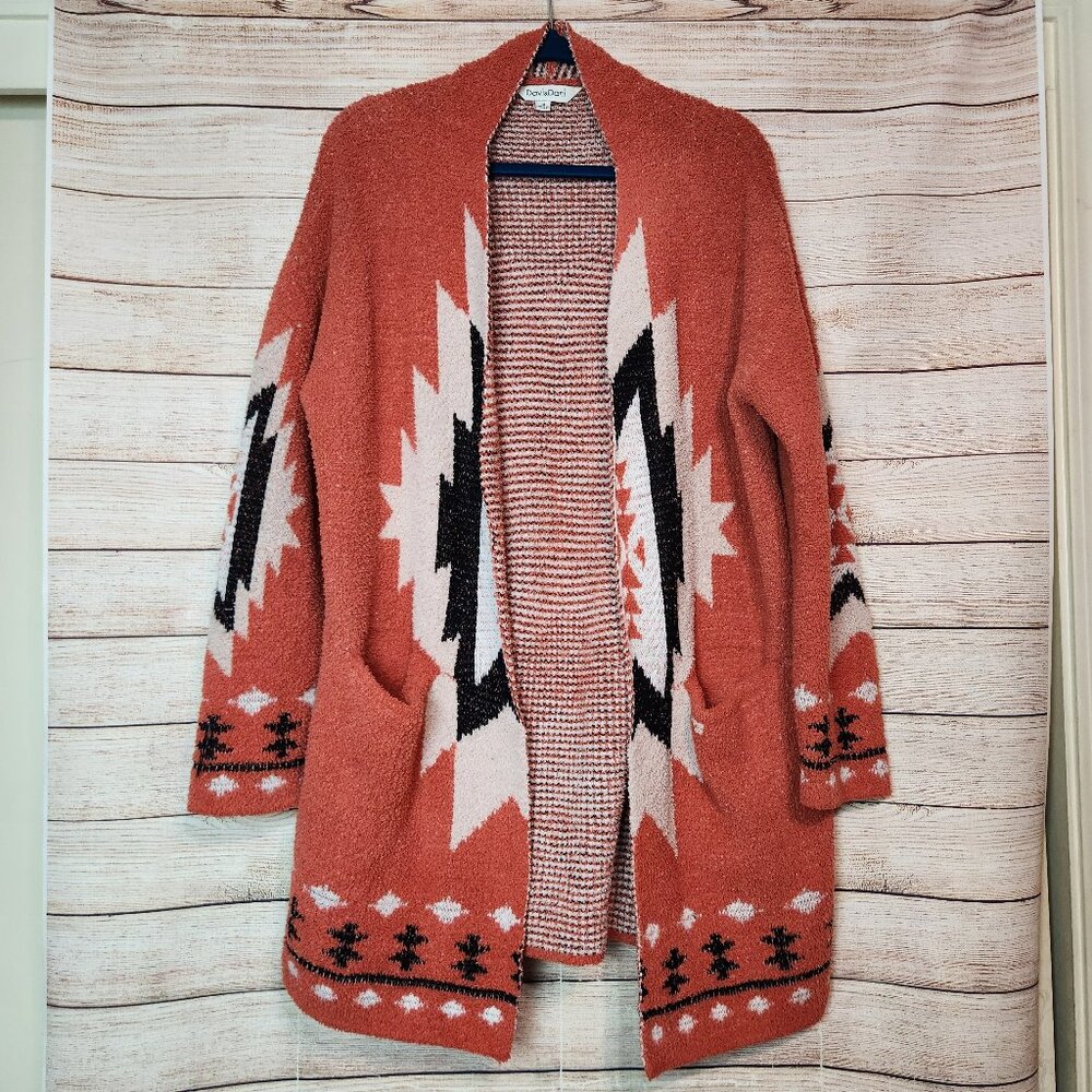 Davi & Dani Women's Medium Cardigan Sweater Knit Aztec Open Front Pockets